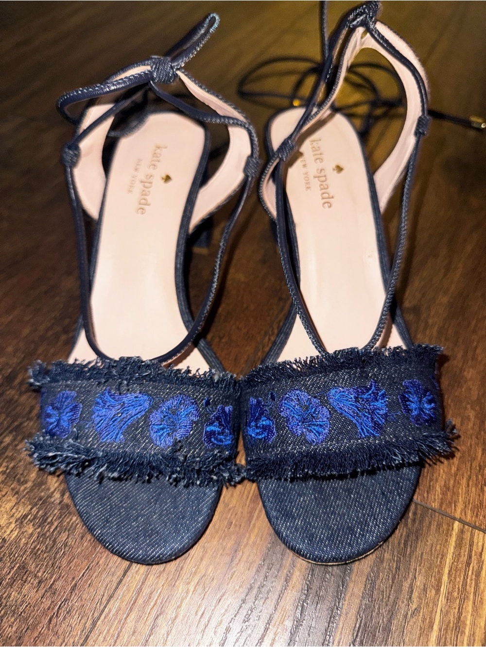 kate spade Navy Embroidered Strappy Block Heel Sandals